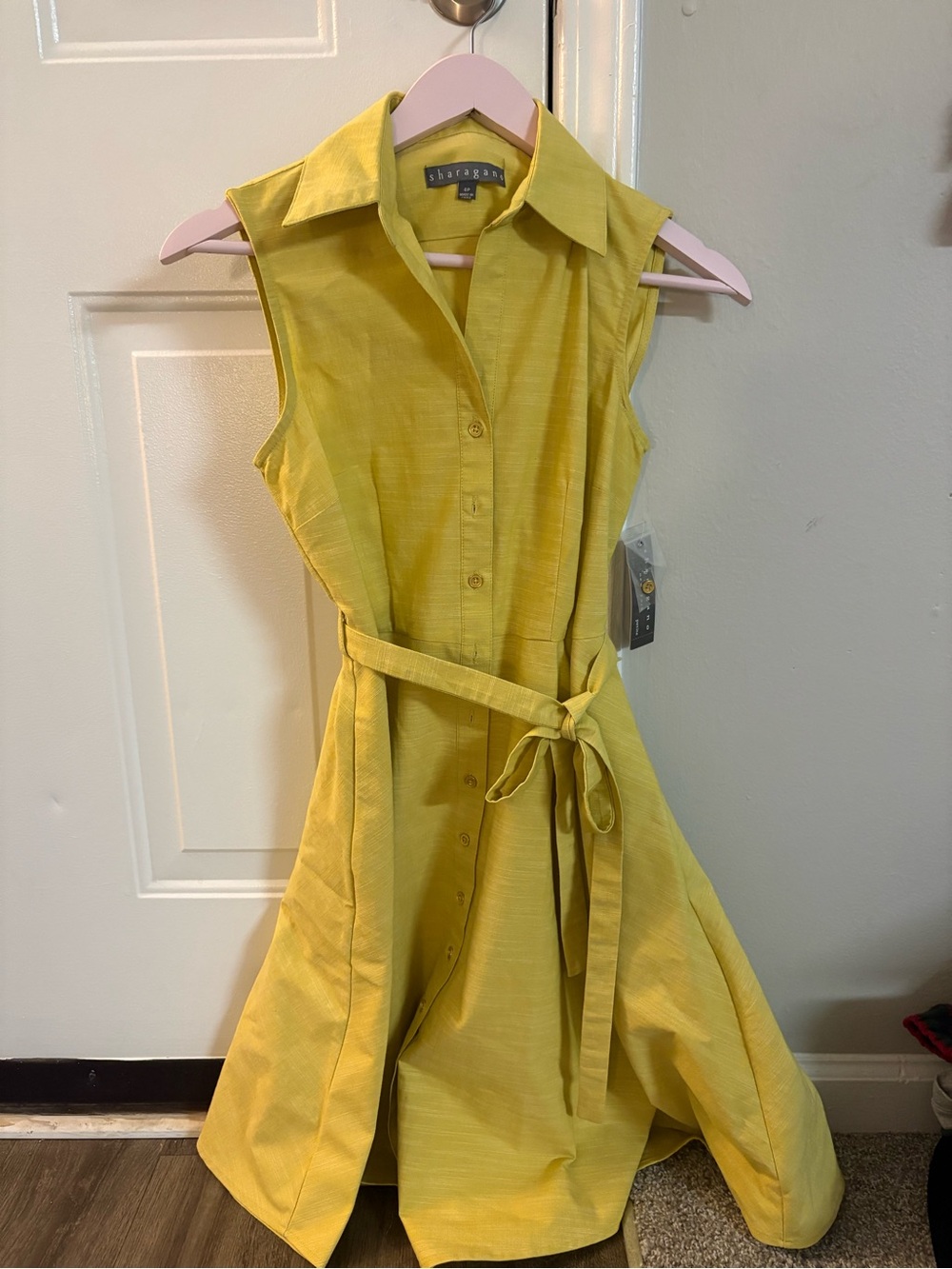 Sharagano Sleeveless Button-Front Dress in Lemon Yellow with Self-Tie Belt